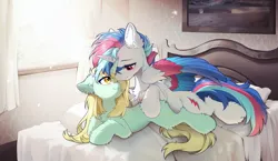 Size: 4365x2533 | Tagged: safe, derpibooru import, oc, oc:lucent starscape, oc:rain string, oc:星夜流光, oc:雨瑟琴弦, alicorn, pony, unicorn, alicorn oc, bed, bedroom, horn, image, looking at each other, looking at someone, png, unicorn oc, window, wings