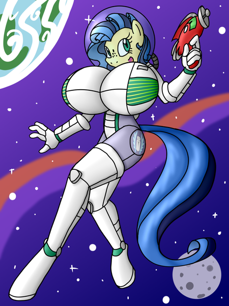 Size: 1200x1600 | Tagged: suggestive, alternate version, artist:flash equestria photography, derpibooru import, oc, oc:milky way, anthro, big breasts, breasts, image, png, raygun, space, spacesuit