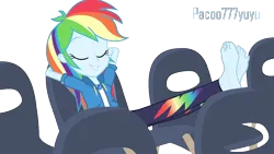 Size: 1094x618 | Tagged: safe, derpibooru import, rainbow dash, equestria girls, barefoot, blue, clothes, cute, feet, feet up, female, fetish, foot fetish, foot focus, image, png, rainbow, relaxing, shoes, simple background, solo, transparent background