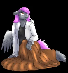 Size: 1192x1280 | Tagged: safe, artist:ketzel99, artist:ketzelfeathers, derpibooru import, oc, oc:crash dive, unofficial characters only, anthro, pegasus, pony, barefoot, black background, clothes, coat, dress, feet, image, jpeg, lab coat, relaxing, scar, simple background, solo