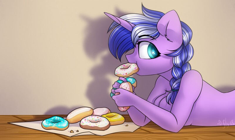 Size: 1280x762 | Tagged: safe, artist:ripy, derpibooru import, oc, oc:ripy, anthro, unicorn, caught, donut, food, image, jpeg, looking at someone, nom, solo