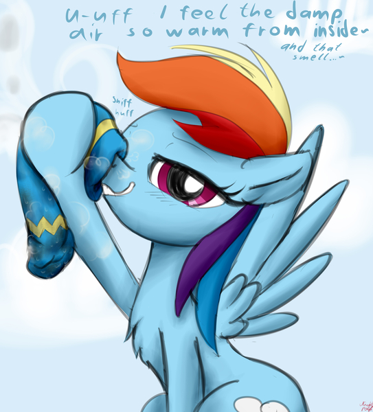 Size: 3800x4200 | Tagged: suggestive, artist:littlenaughtypony, derpibooru import, part of a set, rainbow dash, pegasus, pony, blushing, female, fetish, hoof fetish, image, jpeg, looking at you, mare, mouth hold, olfactophilia, smelly, smelly socks, sniffing, sock, sock fetish, solo, sweat, sweaty socks