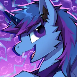 Size: 1000x1000 | Tagged: safe, artist:breloomsgarden, derpibooru import, oc, oc:bak, unofficial characters only, pony, unicorn, blue background, blue mane, chest fluff, ear fluff, horn, icon, image, png, purple background, purple eyes, purple mane, simple background, unicorn oc