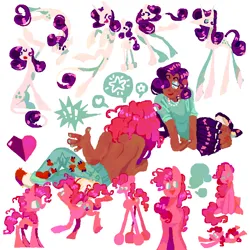 Size: 768x768 | Tagged: safe, artist:glorioustragedykid, derpibooru import, pinkie pie, rarity, earth pony, human, unicorn, clothes, dark skin, ear piercing, earring, eyeshadow, female, hair over one eye, humanized, image, jewelry, leonine tail, lesbian, makeup, necklace, painted nails, pajamas, partial nudity, piercing, png, raripie, shipping, shirt, simple background, skirt, slippers, speech bubble, t-shirt, tail, topless, white background