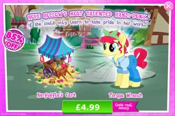 Size: 1966x1302 | Tagged: safe, derpibooru import, official, torque wrench, earth pony, pony, advertisement, clothes, costs real money, engrish, female, gameloft, image, jpeg, mare, mobile game, my little pony: magic princess, numbers, overalls, sale, solo, solo focus, text