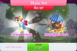 Size: 1268x853 | Tagged: safe, derpibooru import, official, torque wrench, earth pony, pony, bundle, clothes, costs real money, engrish, female, gameloft, image, jpeg, mare, mobile game, my little pony: magic princess, numbers, overalls, sale, solo, solo focus, text