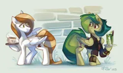 Size: 3007x1784 | Tagged: safe, artist:feelinnglad, derpibooru import, oc, oc:coffee cream, oc:mojito lush, unofficial characters only, pegasus, pony, alcohol, clothes, cocktail, coffee, drink, image, male, mojito, png, watch