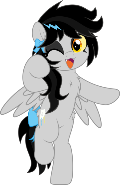 Size: 3249x5000 | Tagged: safe, alternate version, artist:jhayarr23, derpibooru import, oc, oc:lightning dee, unofficial characters only, pegasus, pony, :3, bipedal, bow, butt fluff, chest fluff, colored sclera, commission, dyed mane, eyeshadow, fangs, female, hair bow, image, kitty face, looking at you, makeup, mare, one eye closed, open mouth, png, raised hoof, raised leg, simple background, solo, spread wings, tail, tail bow, transparent background, wings, wink, ych result