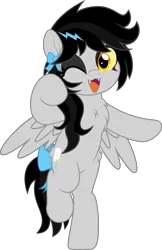 Size: 3249x5000 | Tagged: safe, alternate version, artist:jhayarr23, derpibooru import, oc, oc:lightning dee, unofficial characters only, pegasus, pony, :3, bipedal, bow, butt fluff, chest fluff, colored sclera, commission, dyed mane, eyeshadow, fangs, female, hair bow, image, kitty face, looking at you, makeup, mare, one eye closed, open mouth, png, raised hoof, raised leg, simple background, solo, spread wings, tail, tail bow, transparent background, wings, wink, ych result