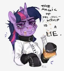 Size: 1710x1899 | Tagged: safe, artist:feelinnglad, derpibooru import, twilight sparkle, unicorn, .mov, alcohol, beer, blushing, clothes, crying, drunk, image, png, pony.mov, simple background, solo