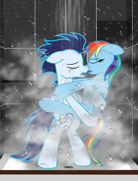 Size: 782x1022 | Tagged: suggestive, artist:shiningblueshield, derpibooru import, rainbow dash, soarin', pegasus, pony, female, image, jpeg, kissing, making out, male, mare, shipping, shower, soarindash, stallion, straight