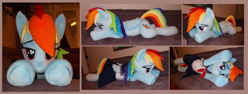 Size: 3184x1208 | Tagged: safe, artist:calusariac, derpibooru import, rainbow dash, pegasus, pony, clothes, image, irl, jpeg, life size, lying down, photo, plushie, prone, school uniform, solo, sploot