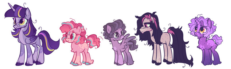 Size: 3258x978 | Tagged: safe, artist:grubgruel, pinkie pie, twilight sparkle, twilight sparkle (alicorn), alicorn, earth pony, pegasus, pony, unicorn, alternate design, autism, base used, female, glasses, height difference, image, lesbian, magical lesbian spawn, mare, next generation, offspring, parent:pinkie pie, parent:twilight sparkle, parents:twinkie, png, redesign, shipping, simple background, transparent background, twinkie