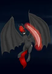 Size: 905x1280 | Tagged: safe, artist:darkhestur, derpibooru import, oc, oc:edgelord666, unofficial characters only, alicorn, alicorn oc, black sclera, cringe oc, dragon wings, fangs, flying, horn, image, katana, magic, png, simple background, skull cutie mark, slit pupils, smiling, solo, sword, weapon, wings