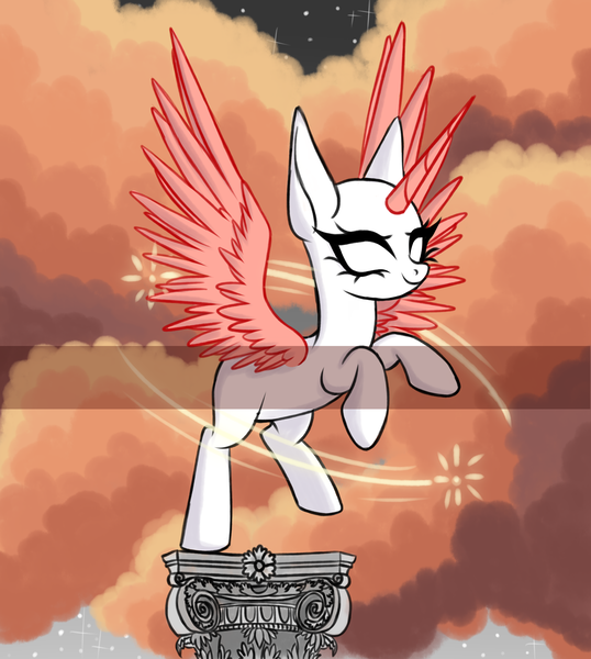 Size: 3440x3840 | Tagged: safe, artist:justsadluna, derpibooru import, oc, unofficial characters only, alicorn, pony, alicorn oc, cloud, commission, eyelashes, female, horn, image, mare, outdoors, png, rearing, smiling, solo, wings, your character here