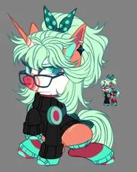 Size: 2752x3432 | Tagged: safe, artist:justsadluna, derpibooru import, oc, unofficial characters only, pony, unicorn, pony town, bow, clothes, duo, eyelashes, female, glasses, gray background, hair bow, headphones, horn, image, leg warmers, mare, pixel art, png, raised hoof, simple background, sweater, unicorn oc