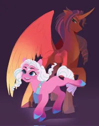 Size: 1621x2048 | Tagged: safe, artist:aztrial, derpibooru import, sunny starscout, alicorn, earth pony, pony, g5, my little pony: a new generation, alternate hairstyle, alternate universe, bag, duo, female, image, jpeg, mare, markings, opaline arcana, open mouth, race swap, redesign, role reversal, sunnycorn, unshorn fetlocks