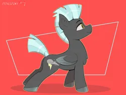 Size: 4000x3000 | Tagged: safe, artist:pedalspony, derpibooru import, thunderlane, pegasus, pony, abstract background, butt, chest fluff, colored hooves, concave belly, folded wings, hooves, image, looking up, male, plot, png, red background, side view, signature, simple background, smiling, stallion, standing, wings