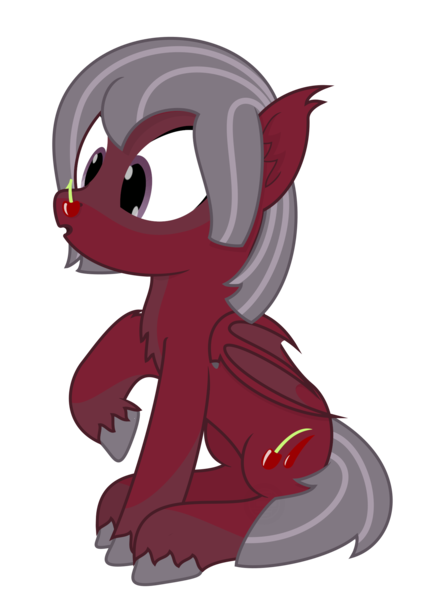 Size: 1437x2000 | Tagged: safe, artist:mrkm, derpibooru import, oc, oc:cherry night, bat pony, pony, :o, bat pony oc, bat wings, cherry, cross-eyed, female, folded wings, food, food on face, fruit, full body, image, looking at something, mare, open mouth, png, raised hoof, simple background, sitting, solo, transparent background, unshorn fetlocks, wings