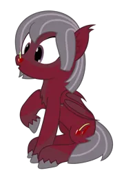Size: 1437x2000 | Tagged: safe, artist:mrkm, derpibooru import, oc, oc:cherry night, bat pony, pony, :o, bat pony oc, bat wings, cherry, cross-eyed, female, folded wings, food, food on face, fruit, full body, image, looking at something, mare, open mouth, png, raised hoof, simple background, sitting, solo, transparent background, unshorn fetlocks, wings
