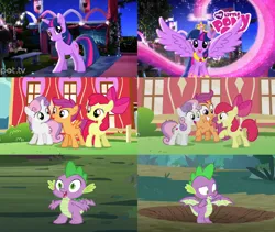 Size: 2506x2115 | Tagged: safe, derpibooru import, editor:incredibubbleirishguy, screencap, apple bloom, scootaloo, spike, sweetie belle, twilight sparkle, twilight sparkle (alicorn), alicorn, dragon, earth pony, pegasus, pony, unicorn, crusaders of the lost mark, magical mystery cure, molt down, season 3, season 5, season 8, spike at your service, spoiler:s08, apple bloom's cutie mark, comparison, cutie mark, cutie mark crusaders, exploitable meme, female, filly, image, male, meme, png, scootaloo's cutie mark, sweetie belle's cutie mark, the cmc's cutie marks, then and now, unicorn twilight, winged spike, wings