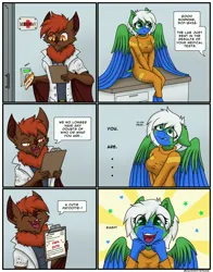 Size: 2802x3572 | Tagged: safe, artist:zackwhitefang, derpibooru import, oc, oc:rowena, oc:zack whitefang, unofficial characters only, anthro, bat, pegasus, unguligrade anthro, bat wings, bedroom eyes, breasts, clipboard, clothes, comic, dialogue, digital art, duo, eyes closed, female, furry, furry oc, happy, image, jpeg, lab coat, male, open mouth, scp, sitting, speech bubble, spread wings, suit, talking, text, wings, worried