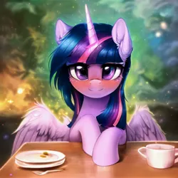 Size: 5120x5120 | Tagged: safe, derpibooru import, machine learning generated, novelai, stable diffusion, twilight sparkle, twilight sparkle (alicorn), alicorn, pony, abstract background, ai content, blushing, cute, female, high res, horn, image, indoors, jpeg, lidded eyes, looking at you, mare, prompter:endless--, sitting, smiling, smiling at you, solo, solo female, spread wings, table, wings