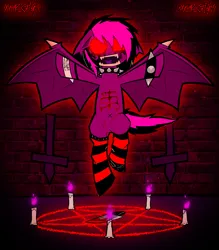 Size: 2006x2288 | Tagged: semi-grimdark, artist:xxv4mp_g4z3rxx, derpibooru import, oc, oc:violet valium, unofficial characters only, bat pony, pony, bat pony oc, bat wings, black goo, blood, bracelet, candle, clothes, collar, cross, edgy, emo, fangs, forked tongue, hospital band, image, inverted cross, knife, leviathan cross, nonbinary, pentagram, png, red eyes, satanic, scar, screaming, signature, socks, solo, spiked collar, spiked wristband, striped socks, tail, two toned mane, two toned tail, wings, wristband
