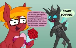 Size: 2508x1596 | Tagged: safe, alternate version, artist:moonatik, derpibooru import, oc, oc:moonatik, unofficial characters only, changeling, pegasus, pony, abstract background, angry, bouquet of flowers, box of chocolates, confused, dialogue, flower, glasses, hair bun, image, male, meme, mp40, pegasus oc, png, rose, stallion, wings