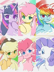 Size: 1620x2160 | Tagged: safe, artist:lendftcn, derpibooru import, applejack, fluttershy, pinkie pie, rainbow dash, rarity, twilight sparkle, twilight sparkle (alicorn), alicorn, earth pony, pegasus, pony, unicorn, bust, colored pupils, female, floppy ears, grin, hoof on chin, image, jpeg, lidded eyes, mane six, mare, open mouth, open smile, smiling, smirk