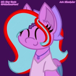 Size: 1200x1200 | Tagged: safe, alternate version, artist:silvaqular, derpibooru import, oc, oc:star beats, unofficial characters only, pegasus, pony, ^^, animated, bow, clothes, eyes closed, folded wings, gif, hairclip, happy, image, jewelry, listening, listening to music, magenta, multicolored hair, necklace, purple background, shirt, signature, simple background, solo, vibing, wings