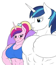 Size: 1032x1200 | Tagged: safe, artist:astrum, artist:calm wind, artist:matchstickman, derpibooru import, edit, editor:dinoknight12, princess cadance, shining armor, alicorn, anthro, pony, unicorn, abs, biceps, blushing, bodybuilder, breasts, busty princess cadance, clothes, deltoids, duo, female, girl staring at guy's chest, image, jpeg, male, mare, meme, muscles, muscular female, muscular male, pecs, princess ca-dense, simple background, stallion, swelling armor, white background