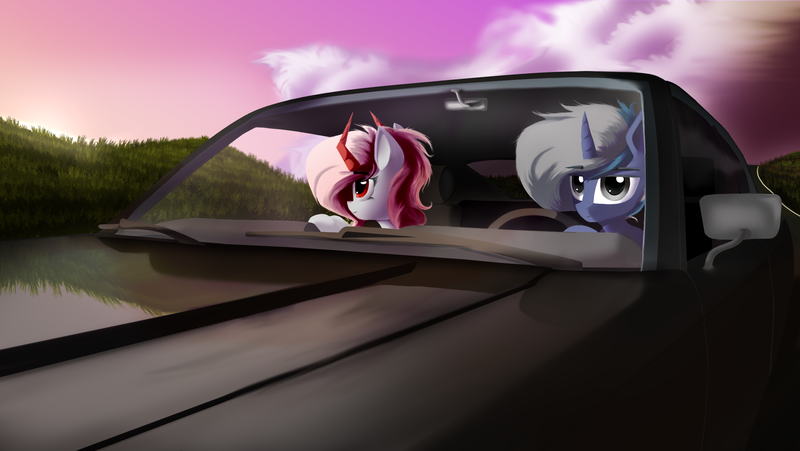 Size: 2500x1410 | Tagged: safe, artist:rainydark, derpibooru import, oc, unofficial characters only, pony, unicorn, ambient, car, cloud, digital art, driving, duo, horn, image, looking at you, looking back, looking back at you, looking up, png, shadow, sun, trail, unicorn oc