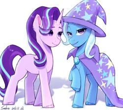 Size: 2000x1800 | Tagged: safe, artist:xiaowu07, derpibooru import, starlight glimmer, trixie, pony, unicorn, cape, clothes, cute, duo, duo female, eyeshadow, female, g4, hat, image, looking at someone, looking at you, makeup, mare, png, raised hoof, signature, simple background, smiling, trixie's cape, trixie's hat, white background