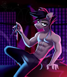 Size: 3000x3440 | Tagged: safe, artist:rtootb, derpibooru import, oc, oc:dream poet, unofficial characters only, anthro, earth pony, plantigrade anthro, pony, abs, art trade, black hair, blue eyes, closed mouth, clothes, cool, dark background, digital art, earth pony oc, image, knife, looking at you, male, moobs, muscles, muscular male, nudity, pants, partial nudity, png, shading, simple background, solo, stallion, unamused