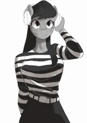 Size: 628x887 | Tagged: safe, artist:cadillac-dynamite, derpibooru import, octavia melody, anthro, earth pony, pony, breasts, busty octavia melody, clothes, female, headphones, image, looking up, mare, png, shirt, simple background, solo, striped shirt, white background