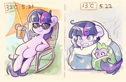 Size: 1839x1209 | Tagged: safe, artist:千雲九枭, derpibooru import, spike, twilight sparkle, dragon, pony, unicorn, blanket, blanket burrito, chair, cold, drink, duo, duo male and female, female, floppy ears, glass, glasses, hoof hold, image, jpeg, magnetic hooves, male, mare, sitting, smiling, sunglasses, unicorn twilight
