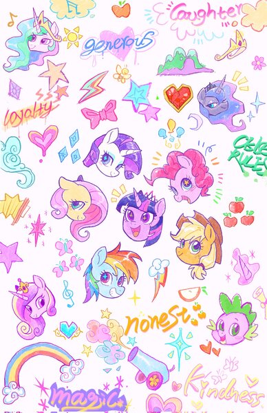 Size: 1326x2048 | Tagged: safe, artist:千雲九枭, derpibooru import, applejack, fluttershy, pinkie pie, princess cadance, princess celestia, princess luna, rainbow dash, rarity, spike, twilight sparkle, twilight sparkle (alicorn), alicorn, dragon, earth pony, pegasus, pony, unicorn, alicorn tetrarchy, bow, cute, dashabetes, diapinkes, female, grin, heart, image, jackabetes, jpeg, male, mane seven, mane six, mare, new crown, open mouth, open smile, party cannon, rainbow, raribetes, shyabetes, simple background, smiling, twiabetes, white background