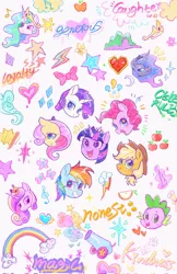 Size: 1326x2048 | Tagged: safe, artist:千雲九枭, derpibooru import, applejack, fluttershy, pinkie pie, princess cadance, princess celestia, princess luna, rainbow dash, rarity, spike, twilight sparkle, twilight sparkle (alicorn), alicorn, dragon, earth pony, pegasus, pony, unicorn, alicorn tetrarchy, bow, cute, dashabetes, diapinkes, female, grin, heart, image, jackabetes, jpeg, male, mane seven, mane six, mare, new crown, open mouth, open smile, party cannon, rainbow, raribetes, shyabetes, simple background, smiling, twiabetes, white background