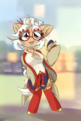Size: 2000x3000 | Tagged: safe, artist:jubyskylines, derpibooru import, ponified, pony, unicorn, blushing, chest fluff, chopsticks, chopsticks in hair, clothes, cute, cute little fangs, ear fluff, fangs, female, glasses, heart, image, jpeg, mare, open mouth, purah, smiling, the legend of zelda, the legend of zelda: tears of the kingdom