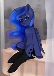 Size: 2508x3541 | Tagged: suggestive, artist:etter, derpibooru import, princess luna, alicorn, pony, clothes, female, horn, image, looking at you, mare, png, sitting, socks, solo, solo female, stockings, thigh highs, wings