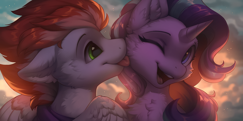 Size: 1500x750 | Tagged: safe, artist:hioshiru, derpibooru import, starlight glimmer, oc, oc:swift apex, pegasus, unicorn, canon x oc, ear fluff, face licking, female, high res, horns, image, licking, male, pegasus oc, png, tongue out, wings