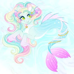 Size: 1080x1080 | Tagged: safe, artist:tookiut, derpibooru import, oc, unofficial characters only, merpony, pony, seapony (g4), adoptable, blue background, cute, digital art, dorsal fin, ear fluff, eyelashes, female, fin, fish tail, flowing mane, flowing tail, freckles, green eyes, image, jewelry, looking at you, mare, mermay, multicolored hair, necklace, ocean, open mouth, open smile, pearl necklace, png, simple background, smiling, smiling at you, solo, sparkles, stars, swimming, tail, underwater, unshorn fetlocks, water