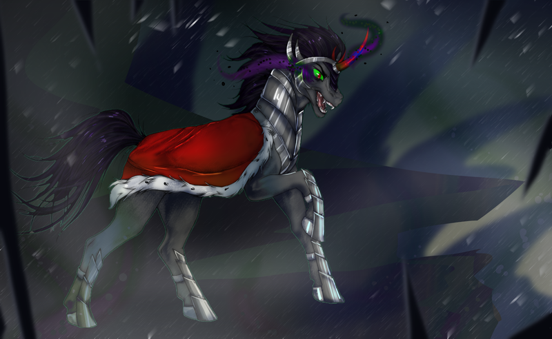 Size: 2048x1260 | Tagged: safe, alternate version, artist:crypkit, artist:tay relic, derpibooru import, king sombra, pony, umbrum, unicorn, fangs, high res, image, jewelry, male, png, regalia, snow, snowfall, solo, sombra eyes, stallion