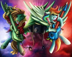 Size: 1750x1378 | Tagged: safe, artist:jamescorck, derpibooru import, rainbow dash, oc, oc:thrashy, pegasus, pony, guitar, image, musical instrument, png, speaker