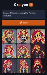 Size: 824x1300 | Tagged: safe, derpibooru import, machine learning generated, sunset shimmer, equestria girls, ai content, generator:craiyon, image, marvel, png, punisher, the punisher