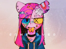 Size: 1200x900 | Tagged: safe, artist:poneko-chan, derpibooru import, pinkie pie, anthro, earth pony, bandage, bandaid, choker, clothes, drugs, ear piercing, earring, eye clipping through hair, forked tongue, hoodie, image, jewelry, jpeg, looking at you, piercing, pinkamena diane pie, scar, solo, sticker, tongue out, tongue piercing, torn ear
