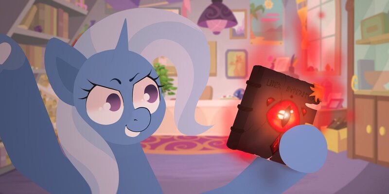 Size: 1551x774 | Tagged: safe, artist:c4n4ry0nl1n3, artist:gr8npowerful123, derpibooru import, trixie, pony, unicorn, fire, grin, image, jpeg, magic book, selfie, smiling, solo, starlight's office