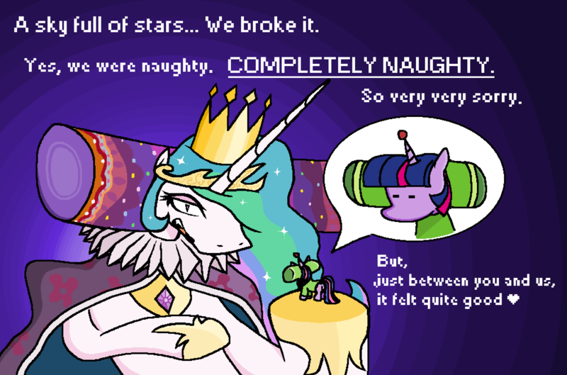 Size: 8039x5312 | Tagged: safe, artist:djsleepyhooves, derpibooru import, princess celestia, twilight sparkle, alicorn, pony, unicorn, cape, cel shading, clothes, crossover, crown, dialogue, dot eyes, duo, g4, gradient background, hooves, image, jewelry, katamari damacy, king of all cosmos, ms paint, png, prince of all cosmos, regalia, shading, size difference, text