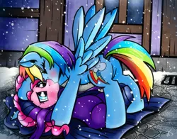 Size: 2657x2078 | Tagged: safe, artist:dsana, derpibooru import, mare do well, pinkie pie, rainbow dash, pony, fanfic art, female, image, kissing, lesbian, pinkiedash, png, shipping, snow